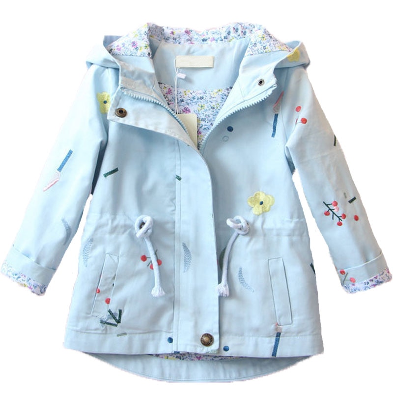 3-7 Years Old Spring Girls Windbreaker Coat Autumn Kids Flower Embroidery Hooded Outwear Kids Coats Jacket Clothing Girls Coat: Sky blue / 5T