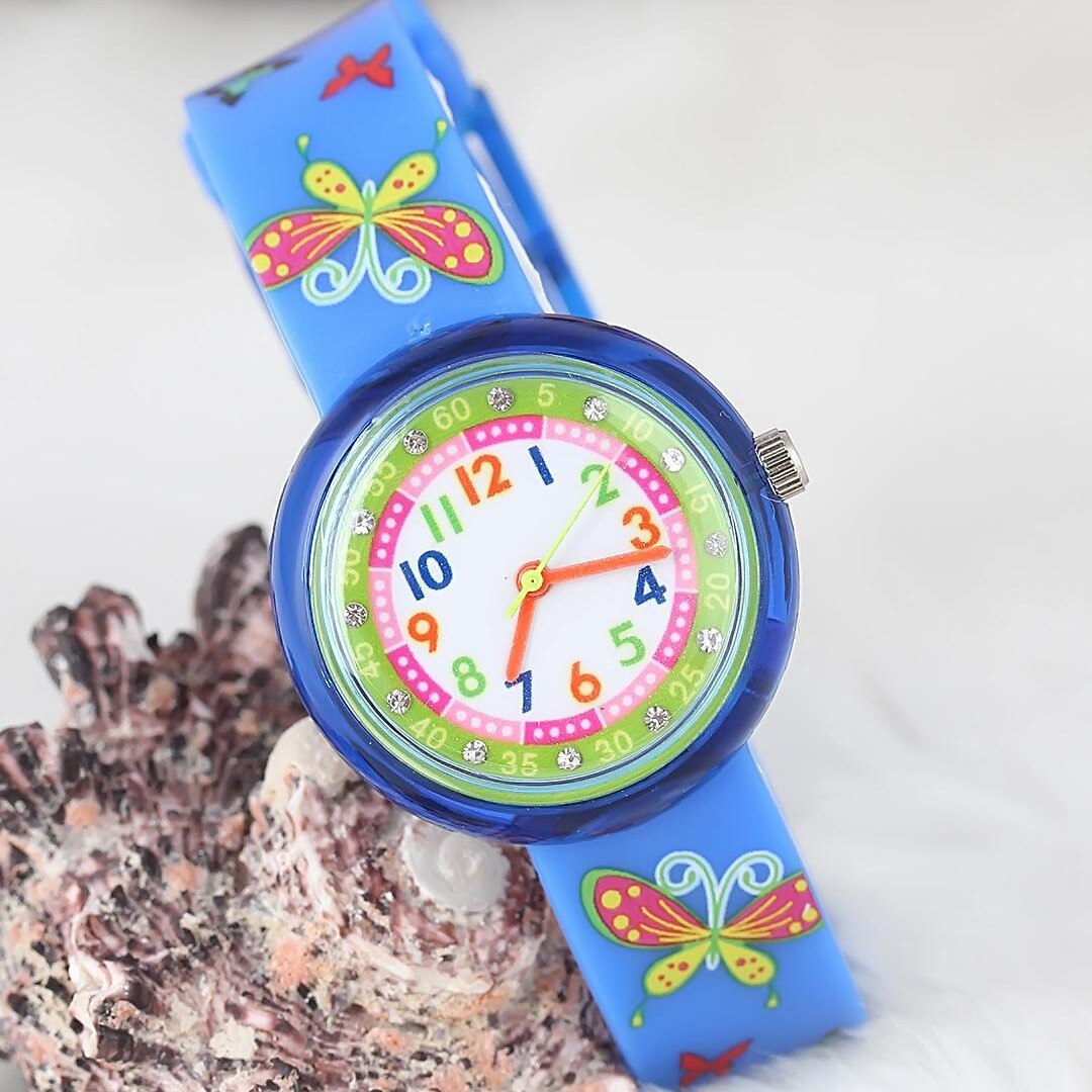Vlinder Blauw Siliconen Horlogeband Kind Klok. Water-Proof (Hand/Gezicht Wassen). Quartz Batterij Operated Kids Klok.