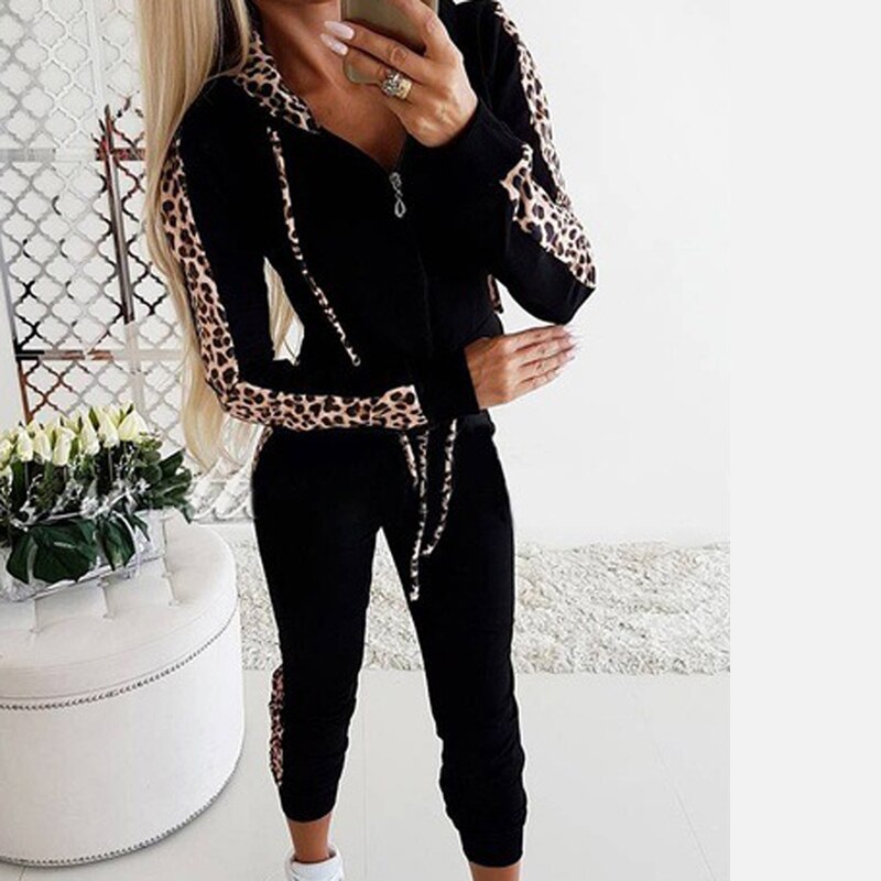 Autumn Winter Tracksuit Women Splice Leopard Print Coat And Pants Two Pieces Set Women Hoodies Long Pants Suit