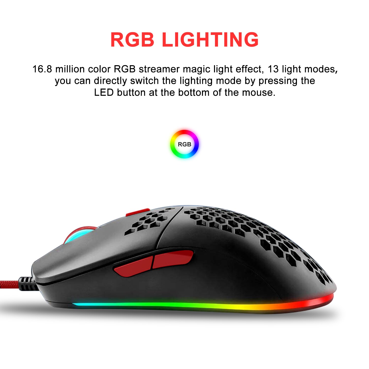 RedThunder M6 Lightweight Honeycomb Shell Wired RGB Gaming Mouse - Programmable 7 Buttons - Adjustable 7200 DPI-for PC PS4 Xbox