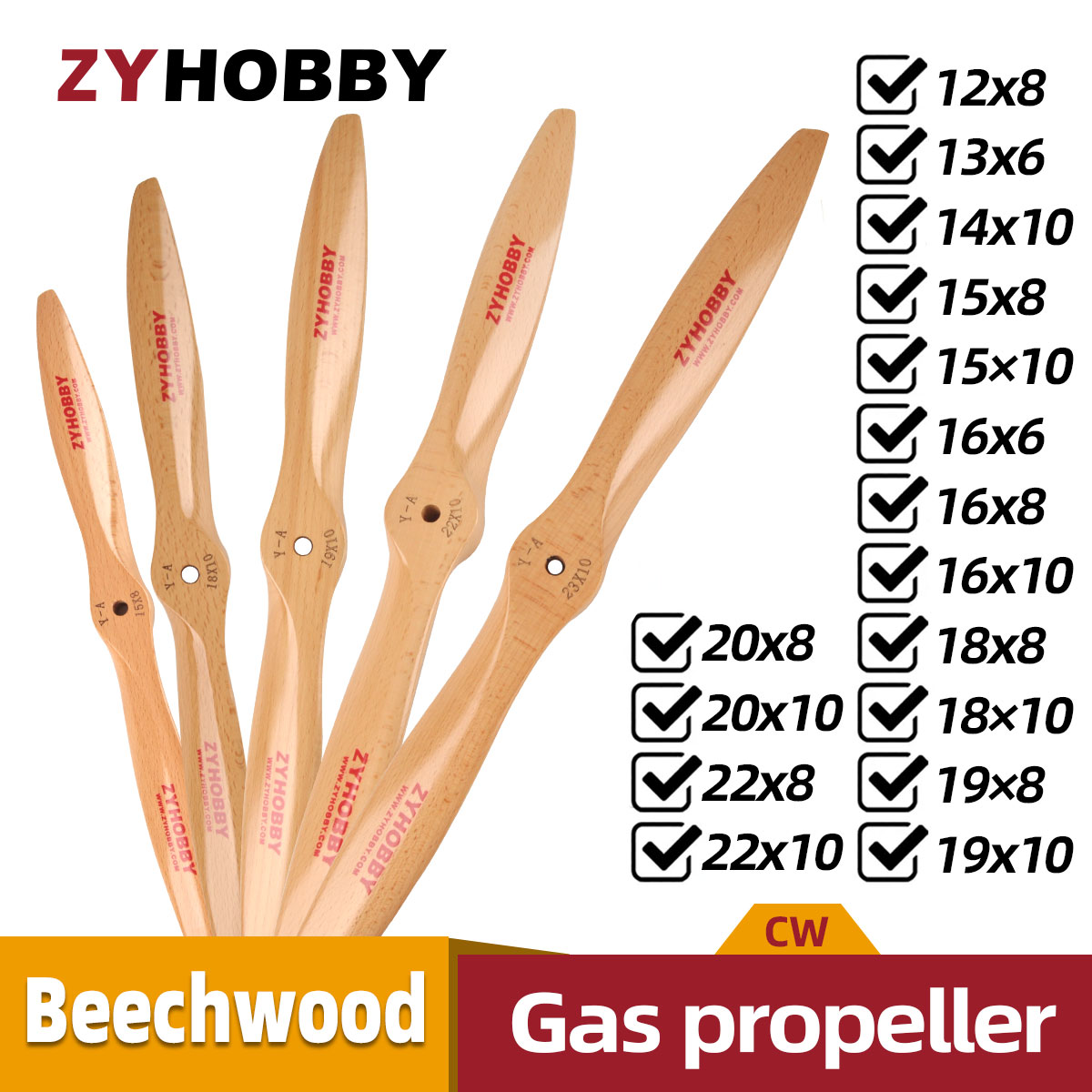 Hélice CW de madera para avión RC de gasolina, 12x8, 13x6, 14x6, 14x10, 15x8, 16x6, 16x8, 16x10, 18x8, 18x10, 18x8, 19x8, 19x10, 20x8, 1 ud.