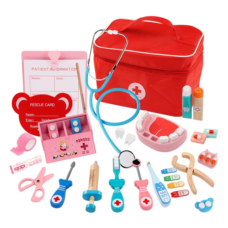 Children's Wooden Simulation Cloth Bag Medicine Box Baby Boy And Girl Family Friendly Simulation Doctor Injection Toy: B