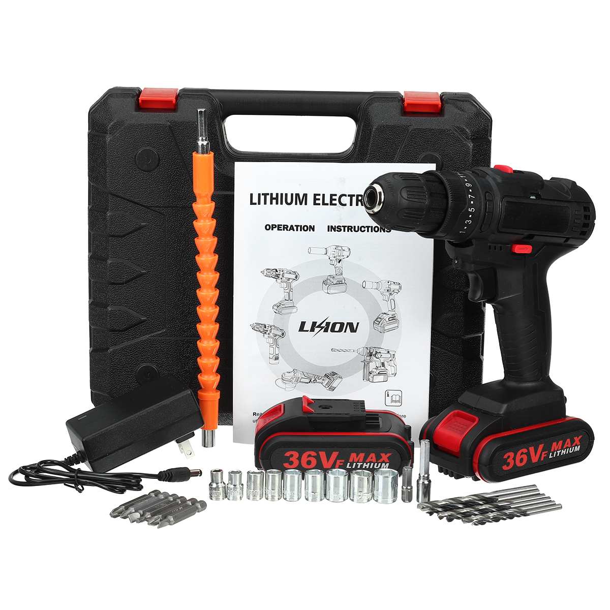 36V Cordless Drill Electric Screwdriver Drill 25+3 Torque With 2Pcs Lithium-Ion Battery Electric Hammer Impact Drill Power Tool