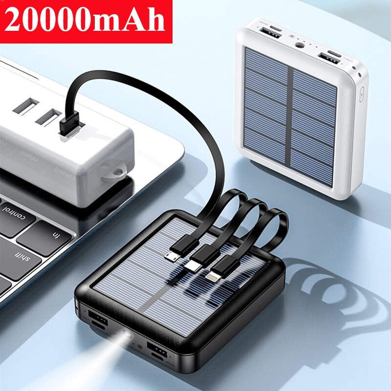 20000 mah mini self-contained wire led light portable fast charging external battery power bank for iphone xiaomi samsung