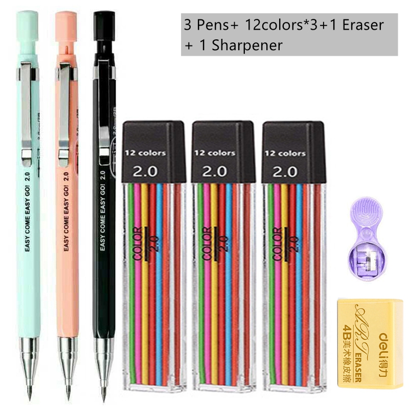 Mekaniska pennor set 2mm snickare ritpennor hb penna 2.0 mm för teckning, skrivning, skissning, kawaii skola, automatiska förnödenheter