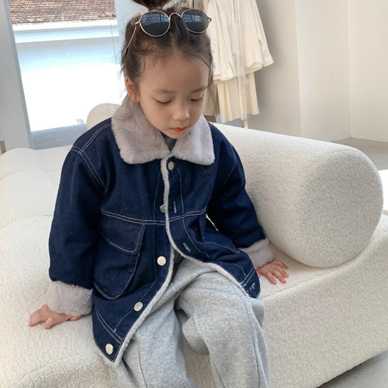 Meisjes Jongens Harige Denim Jassen Herfst Winter Kids Dubbele Grote Zakken Vest Jeans Jassen 3-7 Jaar Kinderen Bovenkleding kleding