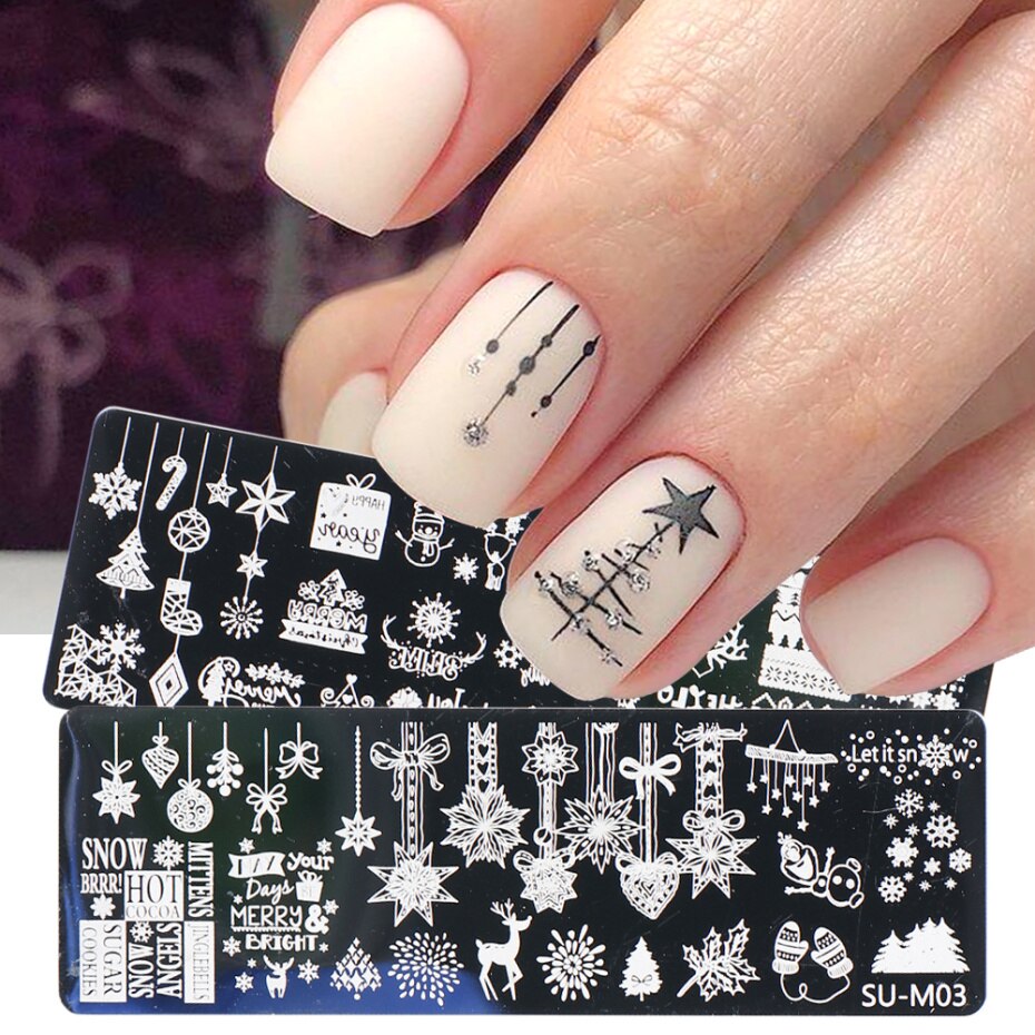 2PC Xmas zestaw warstw stemplujących na paznokcie płatki śniegu gwiazdy serca święta nowy rok projekt Nail artystyczny obraz Manicure wzornik LASUM01-M06-3