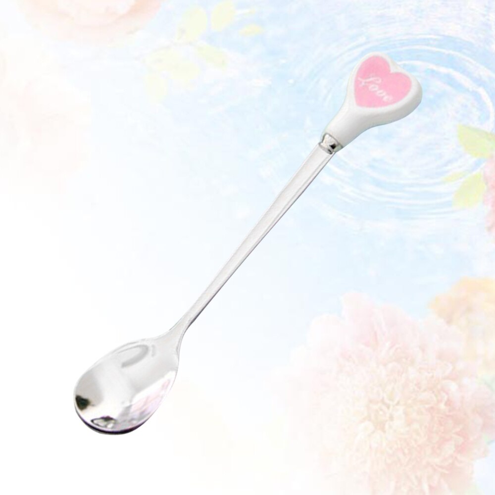 Stainless Steel Spoon with Ceramic Love Heart Handle Tableware Coffee Dessert Spoon Mixing Spoon (Red)