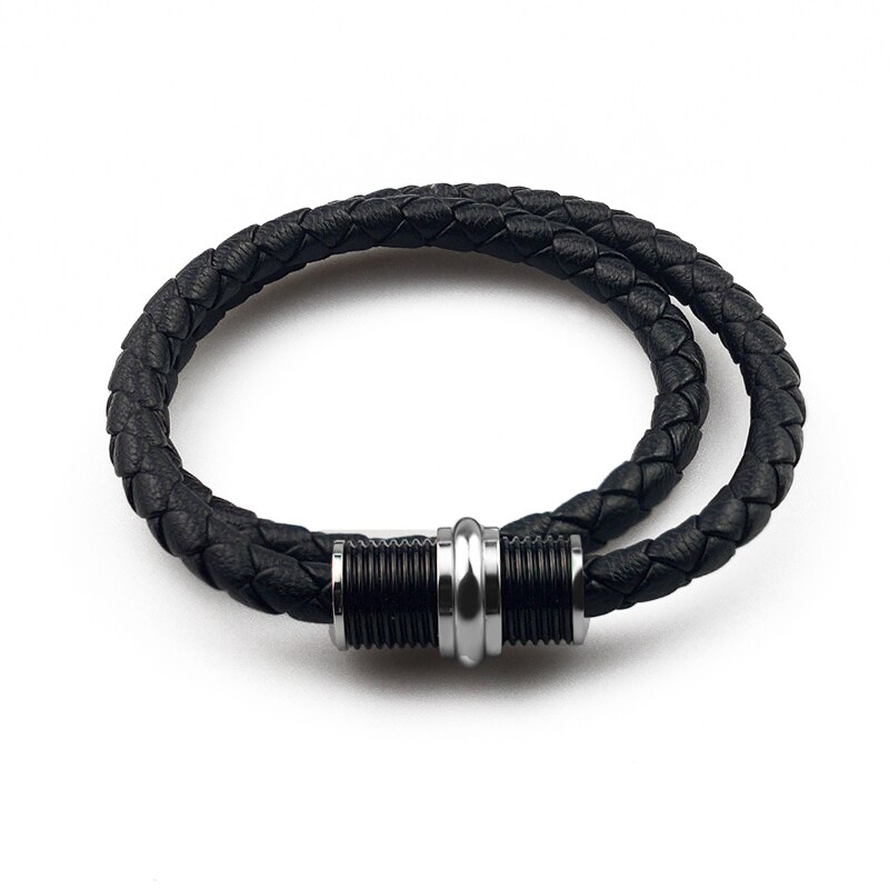 Populære punk mænds to-lags læder charme armbånd magnetisk lås drejelig skrue tråd rustfrit stål smykker kvinder: Sort / 20.5cm