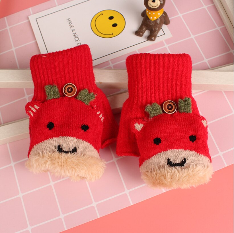 Childrens Winter Half-Vinger Handschoenen Leuke Cartoon Verdikte Plus Fluwelen Warmte Student Clamshell Gebreide Handschoenen: Rood