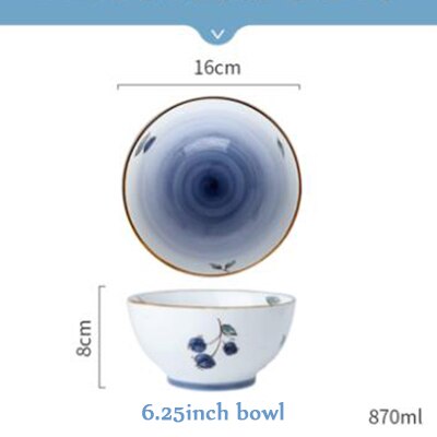 Home Gold Edge Blueberry Ceramic Tableware Heatable Oven Plate Soup Bowl Food Plate For Bread Noodles Salad Bakeware: 6.25inch bowl