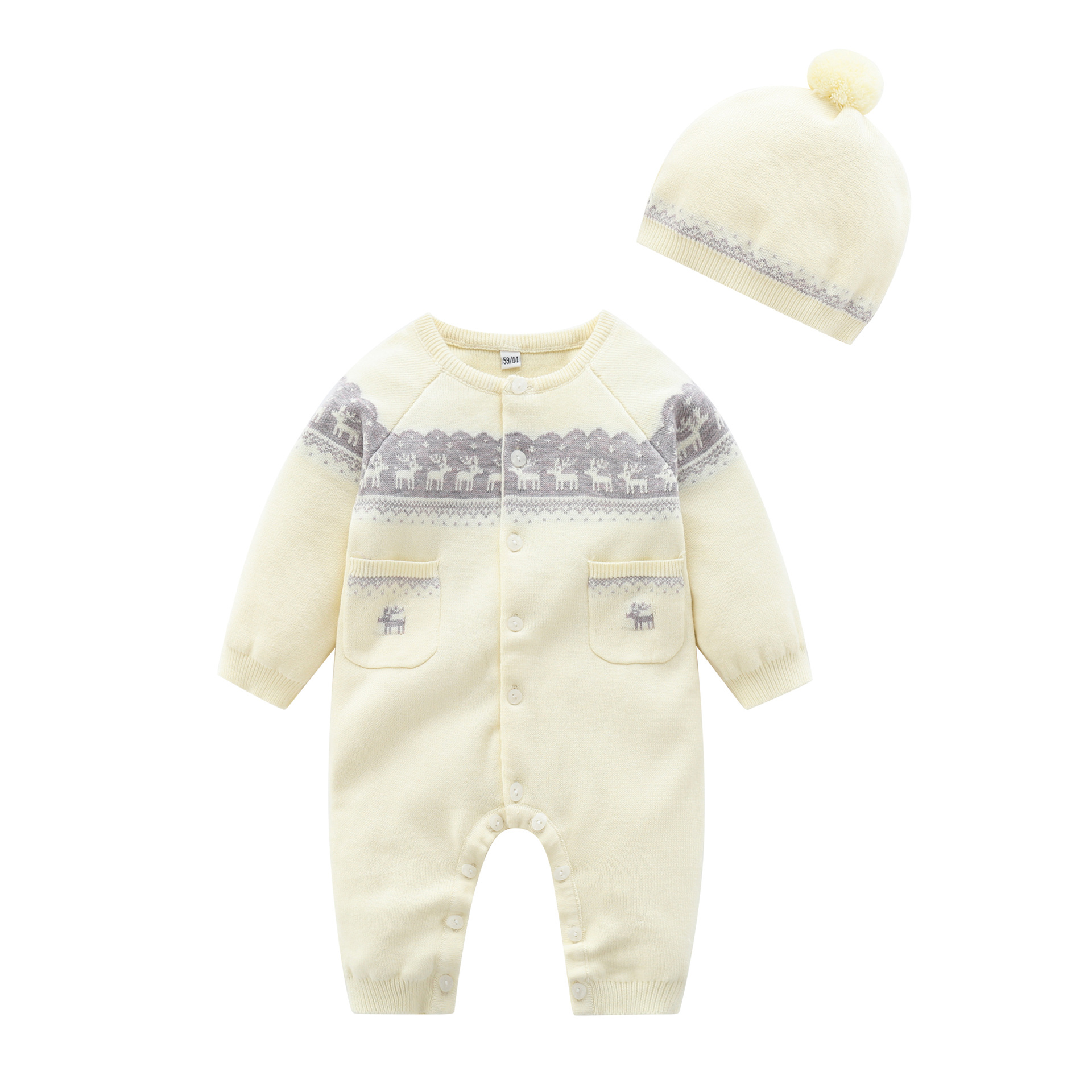 autumn baby clothes cute beige long-sleeved deer style knitted girls sweater baby boy romper and hat: 9-12M