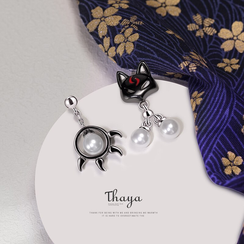 Thaya 925 argent Sterling boucle d'oreille mignon noir chat & patte boucle d'oreille Style japonais pour les femmes argent oreille bijoux fins