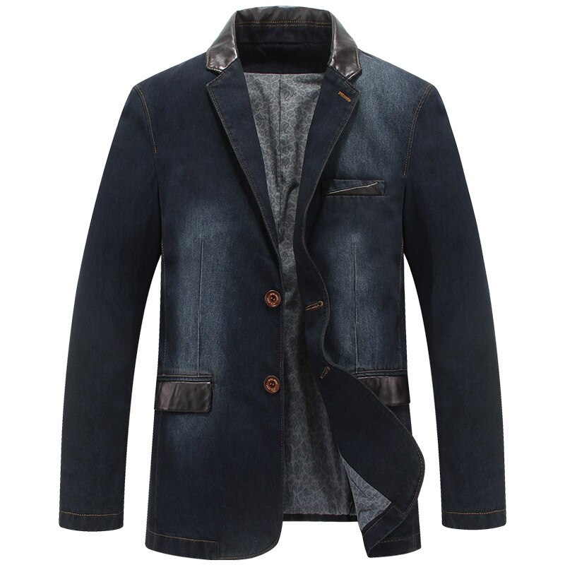 Men&#39;s Jackets Denim Outwear Spring Autumn Clothing Male Blazers Suits Jeans Patchwork Leather Slim Coat Blazer Terno Masculino: Navy Blue / XXL