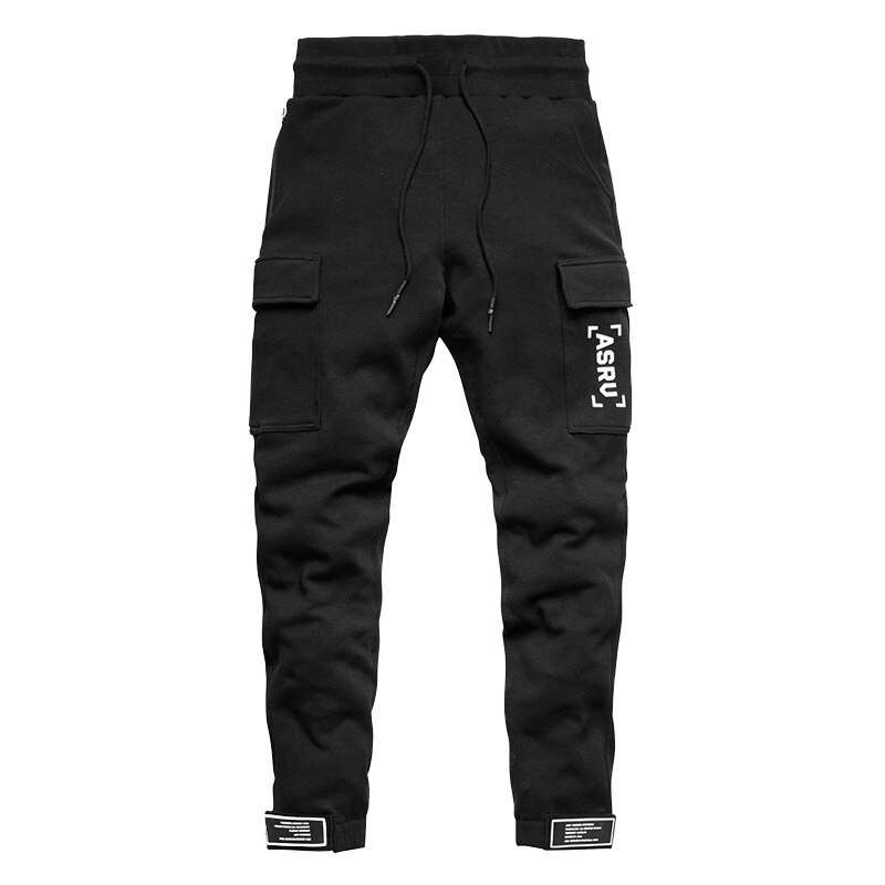 Stil overalls herre ensfarvet multipocket mærke herre sports fritidsbukser slim fit herrebukser med små fødder: Sort / M