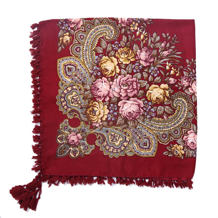 90*90CM Women Russian Style Peony Floral Printed Long Tassel Large Square Scarf Warm Wrap Traditional Ethnic Mexican Shawl: Gold