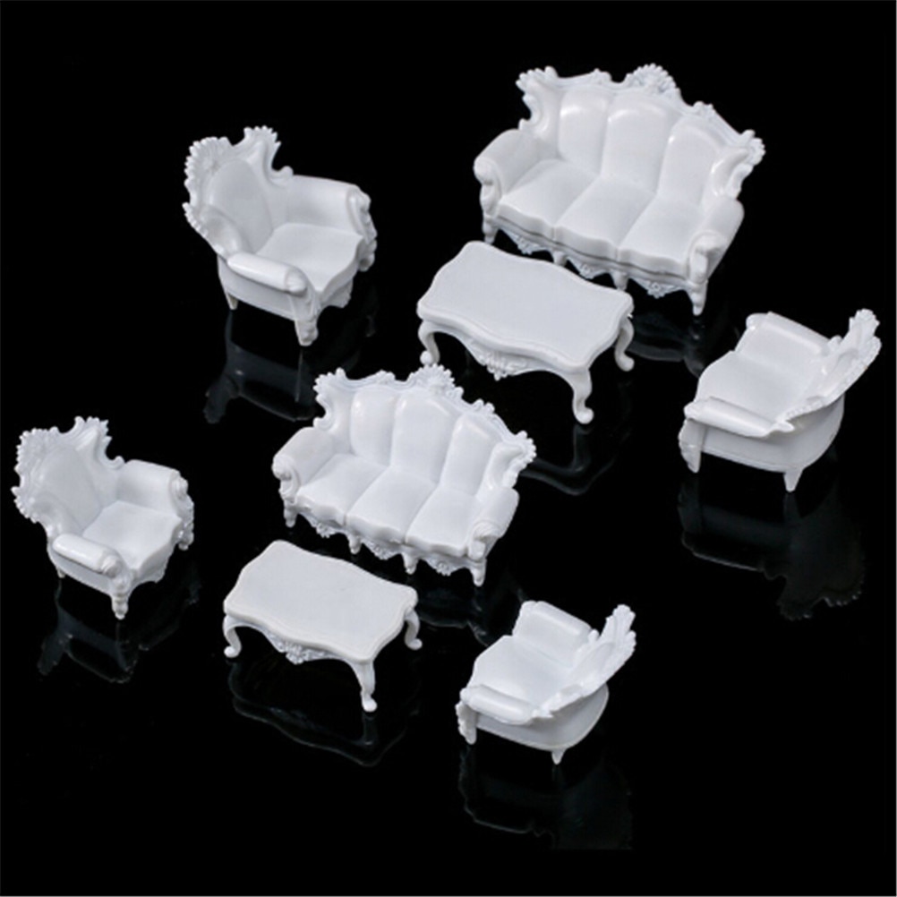 4pcs Dolls Acce White DIY 1/25 Dollhouse Miniature Living Room Antique Sofa Set Tea Table Settee Model for Kids Classic Toy