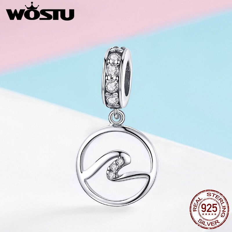 WOSTU 100% 925 Sterling Silver Wave Charm Fit Bracelet & Necklace Pendant Simple Original S925 Jewelry CQC1031