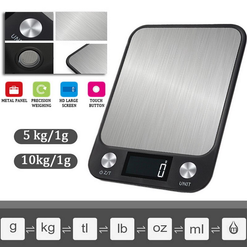 Báscula Digital multifunción para alimentos, balanza de cocina con pantalla LCD, 5/10kg/1g, de acero inoxidable, para pesar alimentos, herramientas de cocina