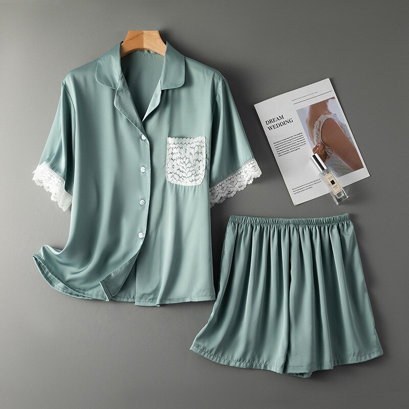 Pyjama d'été en dentelle et soie glacée pour femmes, ensemble à manches courtes,: Green / XL
