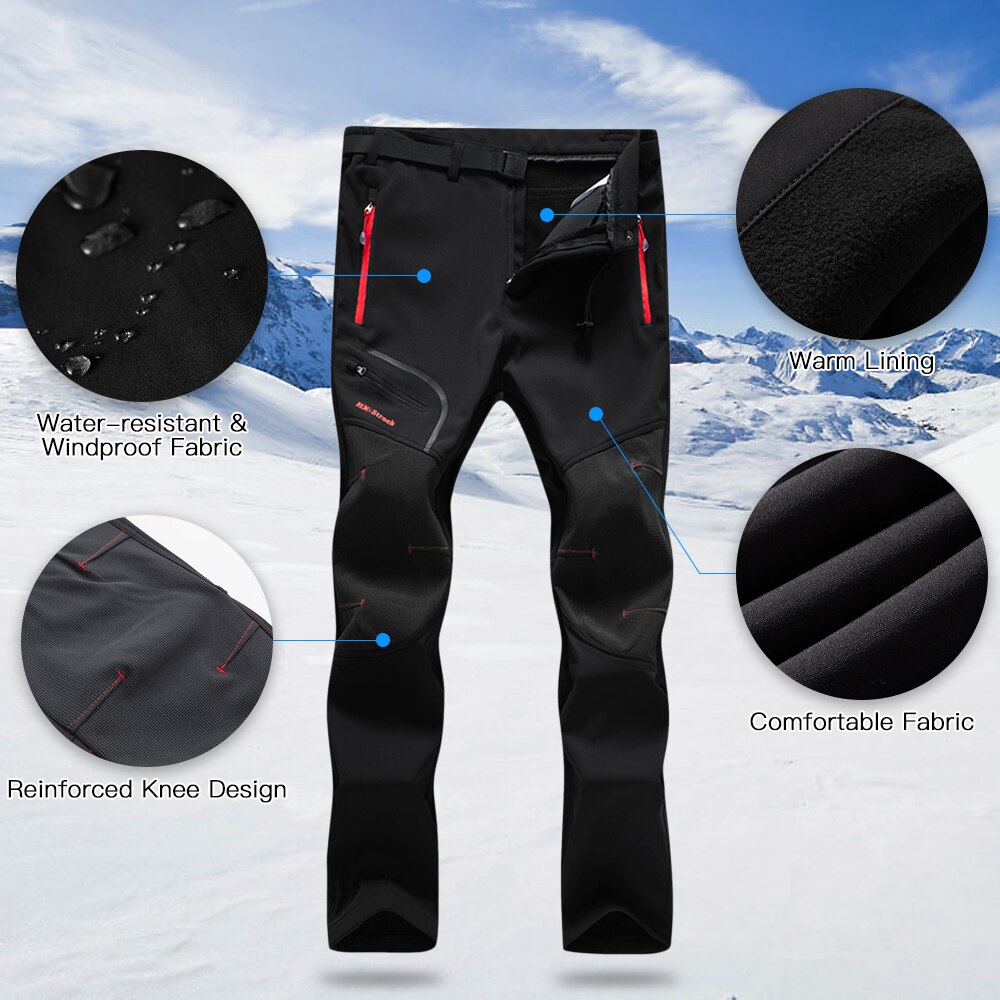 Men Hiking Pants Water Resistant Breathable Winter Pants with Pockets Fleece Lined Pants with Belt Camping Skiing Outdoor Pant