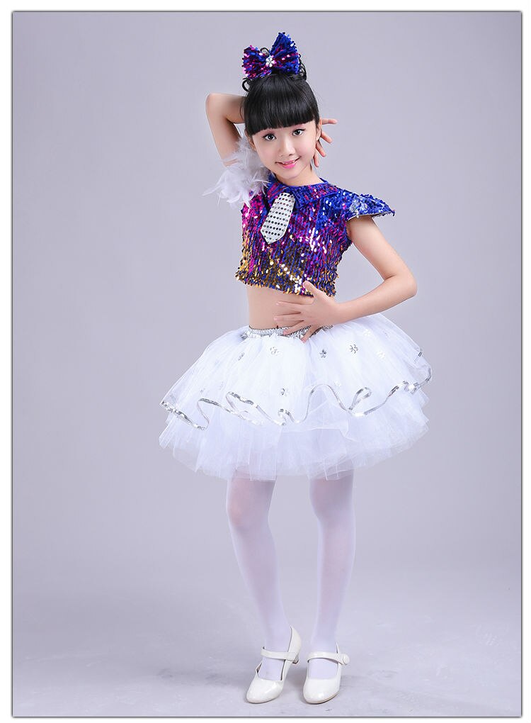 Modern Dance Girl Jazz Dance Children Sequin Hip Hop Costumes Stage Girl Jazz Dance Costumes Suit for Girls Crop Top and Skirt