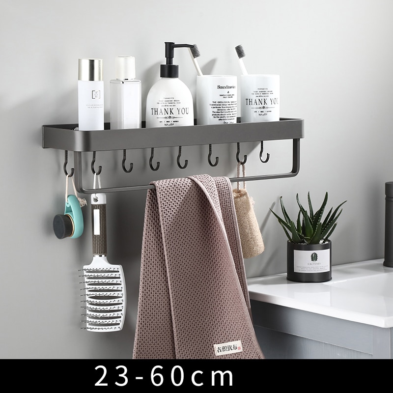 Bathroom Shelf Bath Shower Shelf with Hook Bar Bath Shampoo Holder Bathroom shelf Black Aluminum Kitchen Storage holder