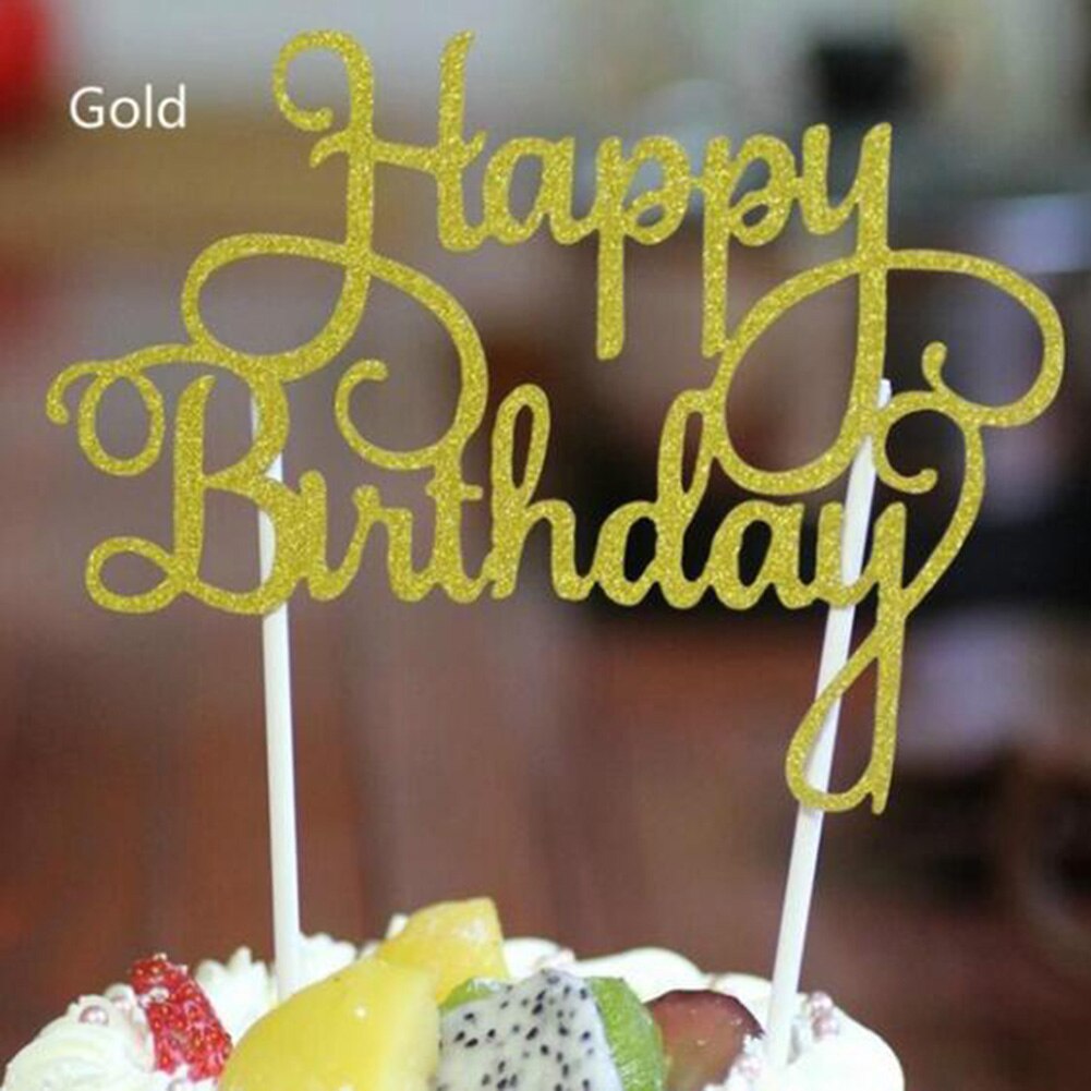 Gold Silver Blue Cupcake Cake Topper Happy Birthday Cake Top Flags for Love Family Birthday Party Baking Decoration Supplies: golden