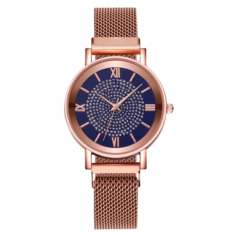 Relojes de de lujo para mujer, elegantes relojes de pulsera de oro para mujer, reloj de pulsera de cuarzo con hebilla magnética de malla inoxidable: blue
