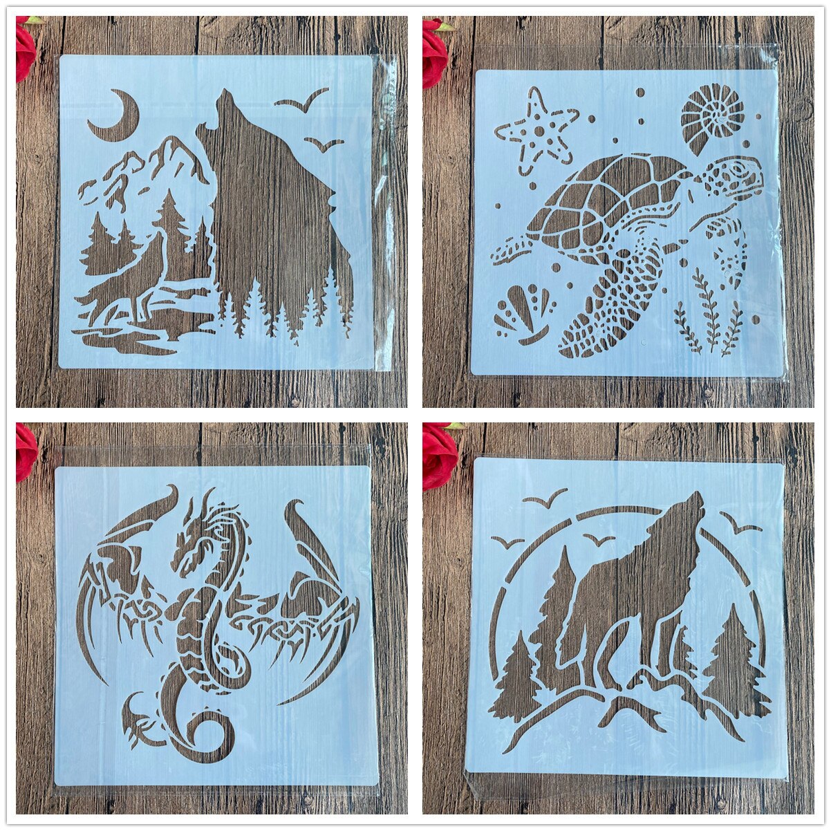 Set de 4 unids/set de 20x20 cm, molde artesanal de animales para pintar plantillas, estampadas álbum de fotos, tarjeta de papel en relieve en madera, tela, pared