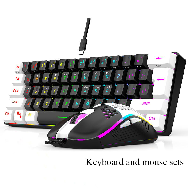 Tastatur- und Maus-Sets 60 % RGB-Gaming mit Tastaturen, Maus-Kombination, PC-Kit, Gamer, Hintergrundbeleuchtung, Mini, 61 Tasten, Computer, kabelgebundenes Set, Tastatur: Silber