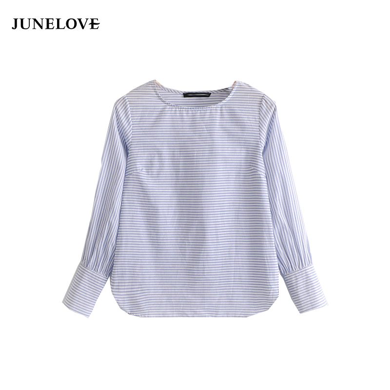 JuneLove primavera mujer casual rayas blusa femenina azul o cuello camisa de manga larga básica blusas