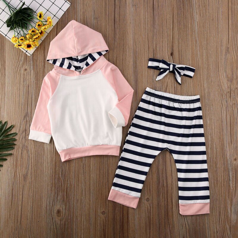 Appena nato Del bambino Della Ragazza 3pz Vestiti impostato con Cappuccio A Maniche Lunghe Magliette e camicette Felpa A Righe Pantaloni Della fascia abiti Abbigliamento