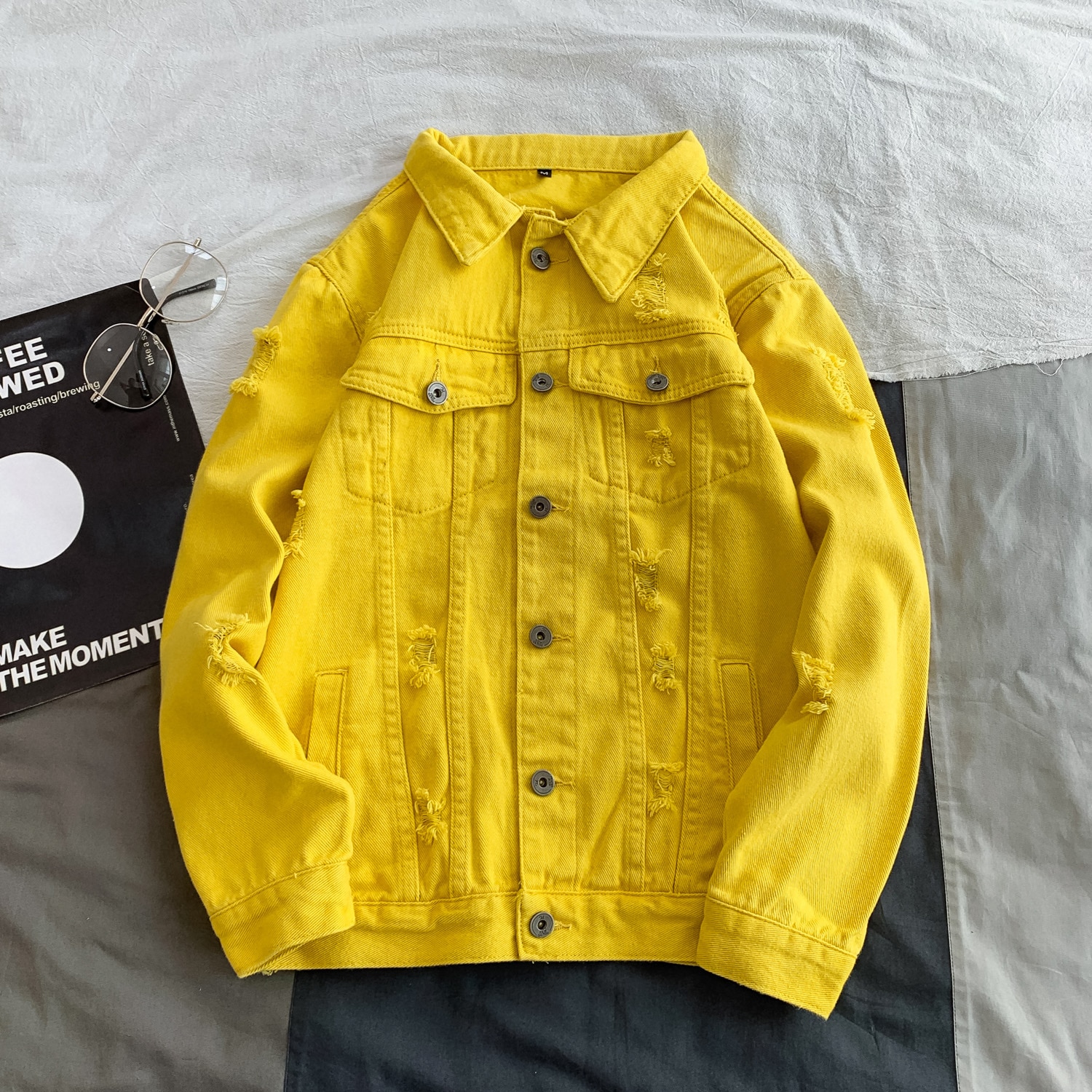 Jaqueta Masculino Spring Denim Jacket Men Turn Down Collar Simple Slim Fit Men Jacket Long Sleeve Hole Jeans Jacket Men