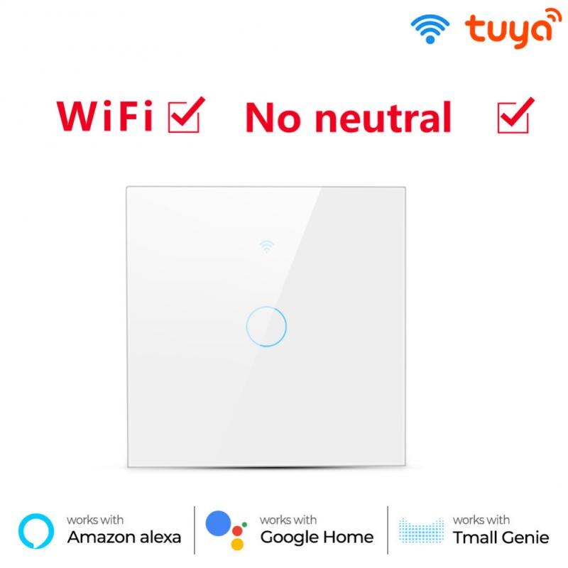Geen Neutrale Draad Nodig Tuya Wifi Smart Touch Schakelaar 1 2 3 4 Bende Lichtschakelaar Smartlife App Controle Werk met Alexa Google Thuis: 1Gang EU White