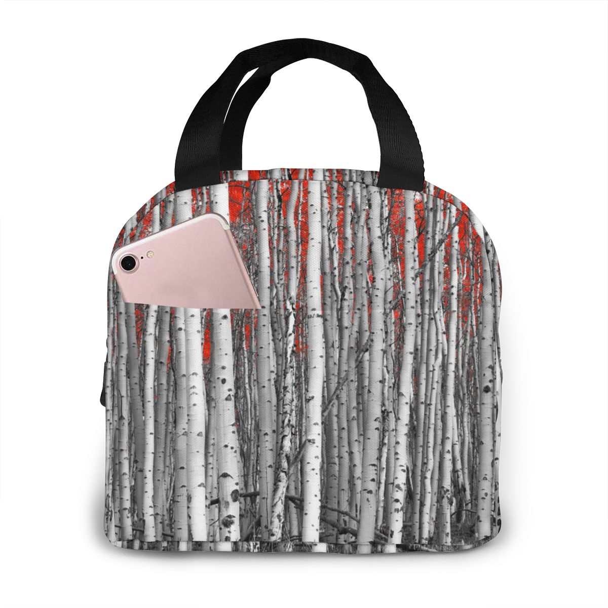 Portable Lunch Bag Grey Birch Tree With Red Leave Thermal Insulated Tote Cooler Bag Bento Pouch Lunch Container Food Storage Bag: Default Title