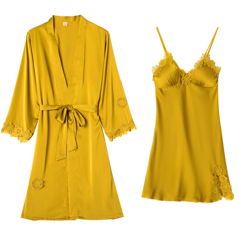 Vrouwen Sexy Intieme Nachtkleding Set 2 Stuks Nachtjapon Kant Zijde Lady Robe Set Brides Bruidsmeisje Wedding Robe Slaap Slijtage Jurk: YELLOW / L