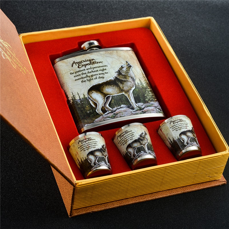 Gennissy wolf og skov mønster mini alkohol flaske 7oz metal bar og udendørs sports dedikeret rustfrit stål hoftekolbe sæt