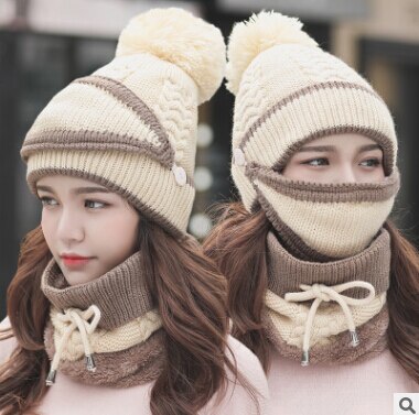 Efterår vinter kvinders hat kasketter strikket varmt tørklæde vindtæt multifunktionel hat tørklæde sæt tøj tilbehør dragt: Beige