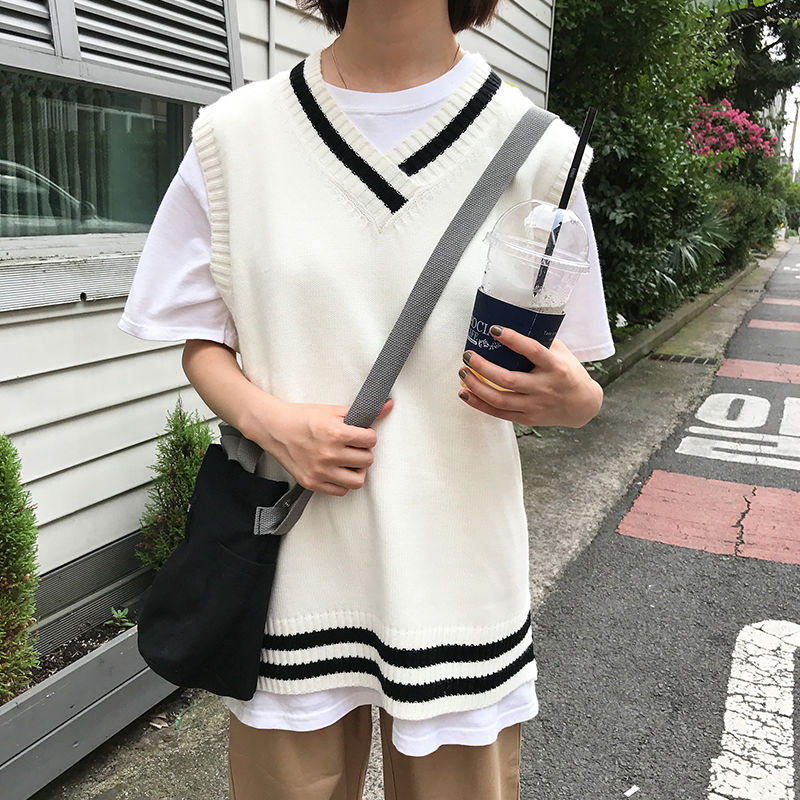 Camisola colete feminino com decote em v escola simples damasco all-match solto diário harajuku estilo japonês doce meninas roupas de tricô chique