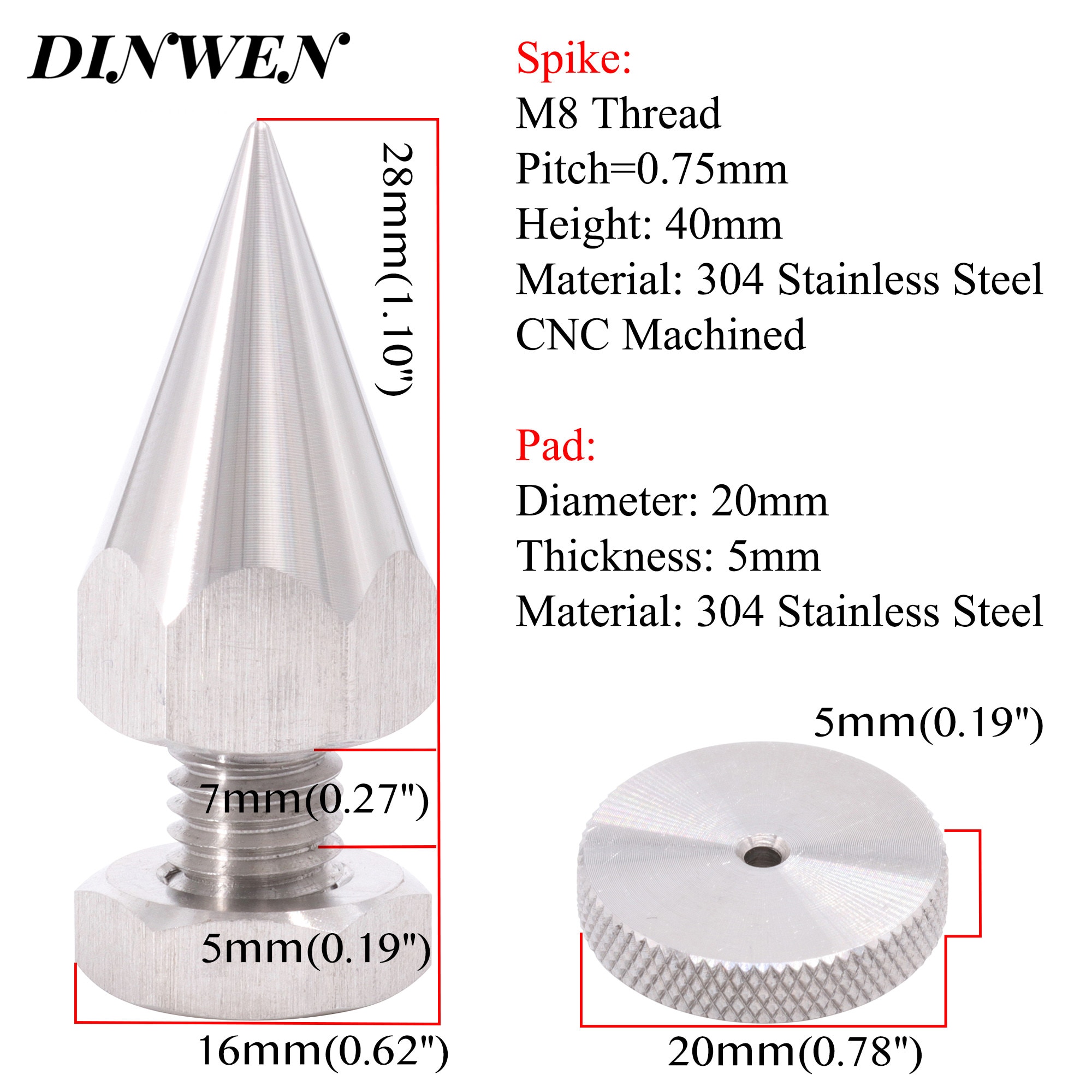 304 Stainless Steel Speaker Spike M6 M8 M10 Thread AMP Studio Monitor Turntable Pad 40mm Instrument Isolation Stand Cone Foot