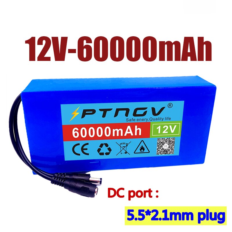 100% Portable 12V 60000mAh Lithium-ion Battery pack DC 12.6V 60Ah battery With EU Plug+12.6V1A charger