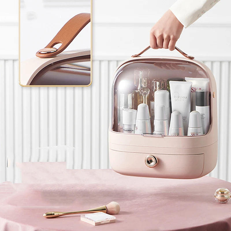 Organizadores de cosméticos de escritorio, caja de almacenamiento de joyería de maquillaje a prueba de polvo de gran capacidad con tapa, organizador impermeable para baño