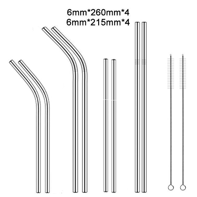 Paille métallique réutilisable 260x6mm, en acier inoxydable 304 de avec brosse de nettoyage pour tasses 20/30oz,: Pack8-2Brush
