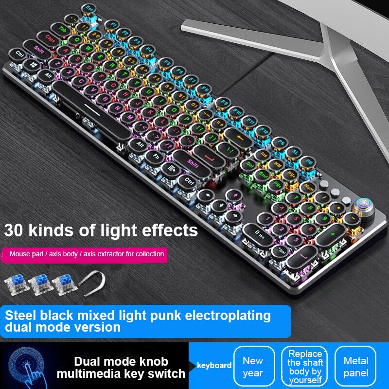 Mechanical Gaming Keyboard Retro Metal Glowing 104 Keys 36 Colorful Lighting Round Keycap Ergonomic Gaming Keyboard: 01