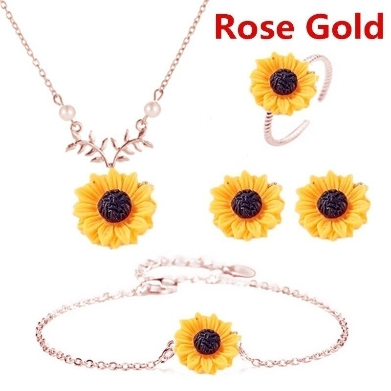 5PCS/Set Necklace Earring Bracelet Ring Jewelry Set Women Accessories Sunflower Jewelry Charm Pendant Necklaces: 2