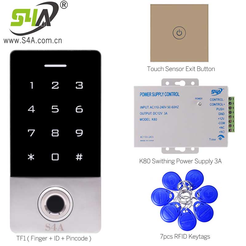 TF1 Fingerprint Touch Keypad IP68 Waterproof RFID Standalone Access Controller Kits include K80 Power Supply+Push Button+Keyfobs: Red
