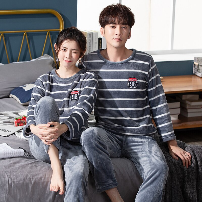 Pijamas de otoño e invierno para parejas, ropa de dormir, conjunto de amantes, estampado a rayas de manga larga, para hombres y mujeres,
