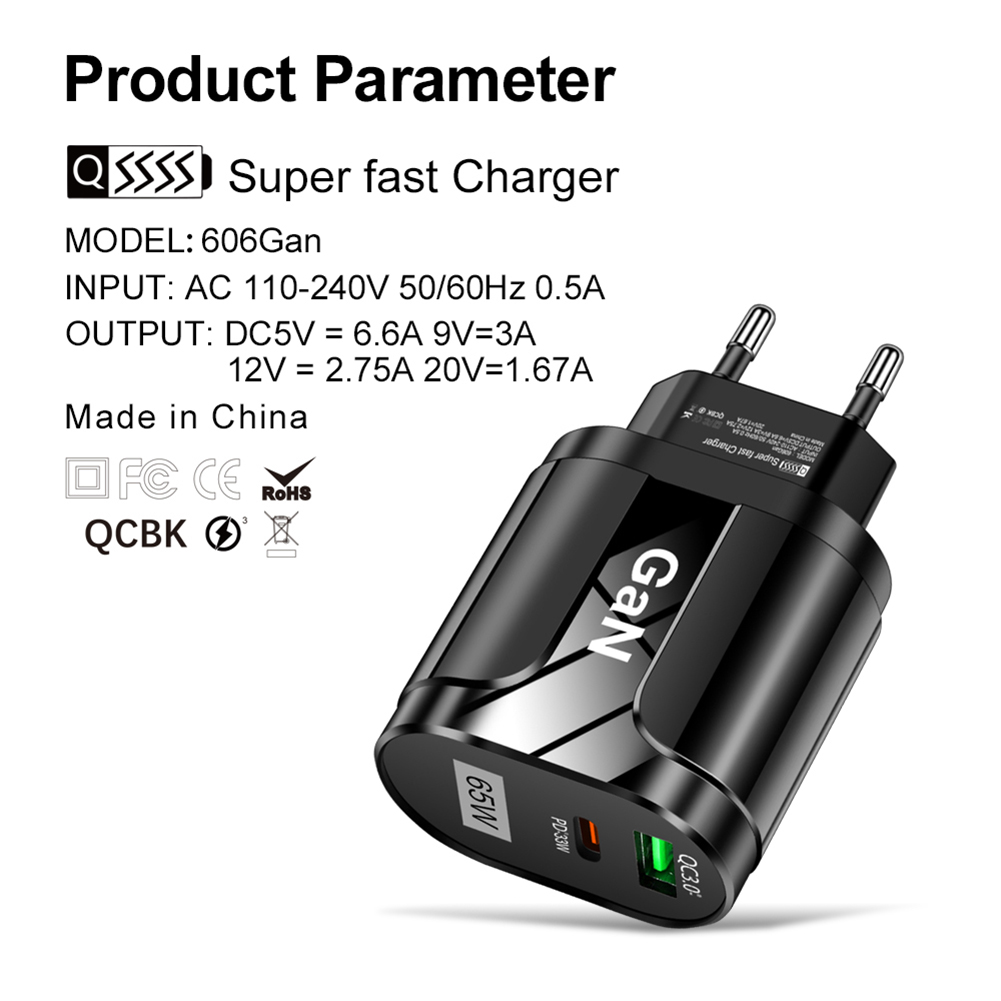 65W Gan Oplader Voor Macbook Qc 3.0 Pd 3.0 Snel Opladen Usb Type C Quick Charger Voor Iphone 13 12 Pro Max Xiaomi Samsung S22