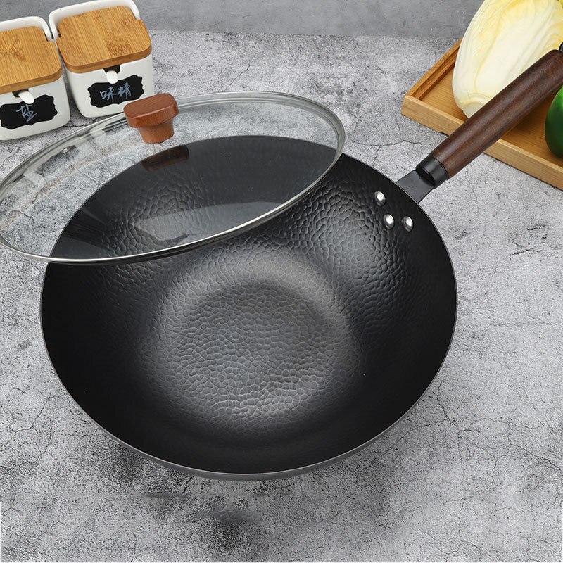 Sartén de inducción para Wok, 32cm, sin químicos, acero al carbono sartén para freír con mango de madera desmontable